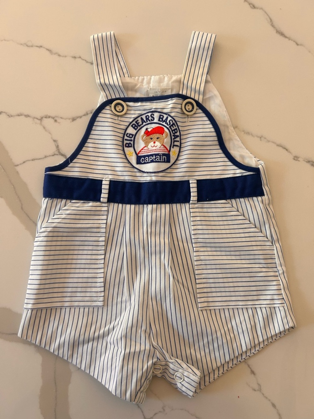 Vintage pinstripe paper tag Captain Big Bears Baseball Navy-Trim Baby Romper 12m